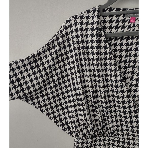 Vince Camuto Black White Blouson Dress Womens 2 Houndstooth Check Faux Belt - Picture 3 of 6
